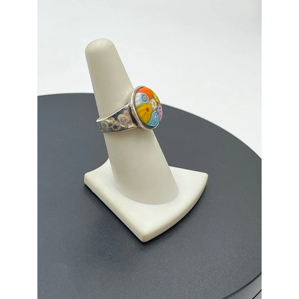 Alan K. European Design Sterling Silver Miliffiori Murano Glass Floral ring USA